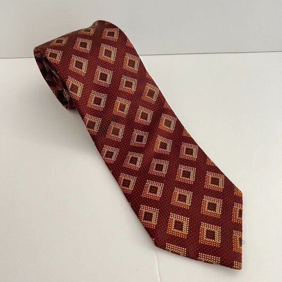 Ermenegildo Zegna 100%‎ Silk Red Orange Diagonally Pattered Squares Tie - Picture 1 of 8
